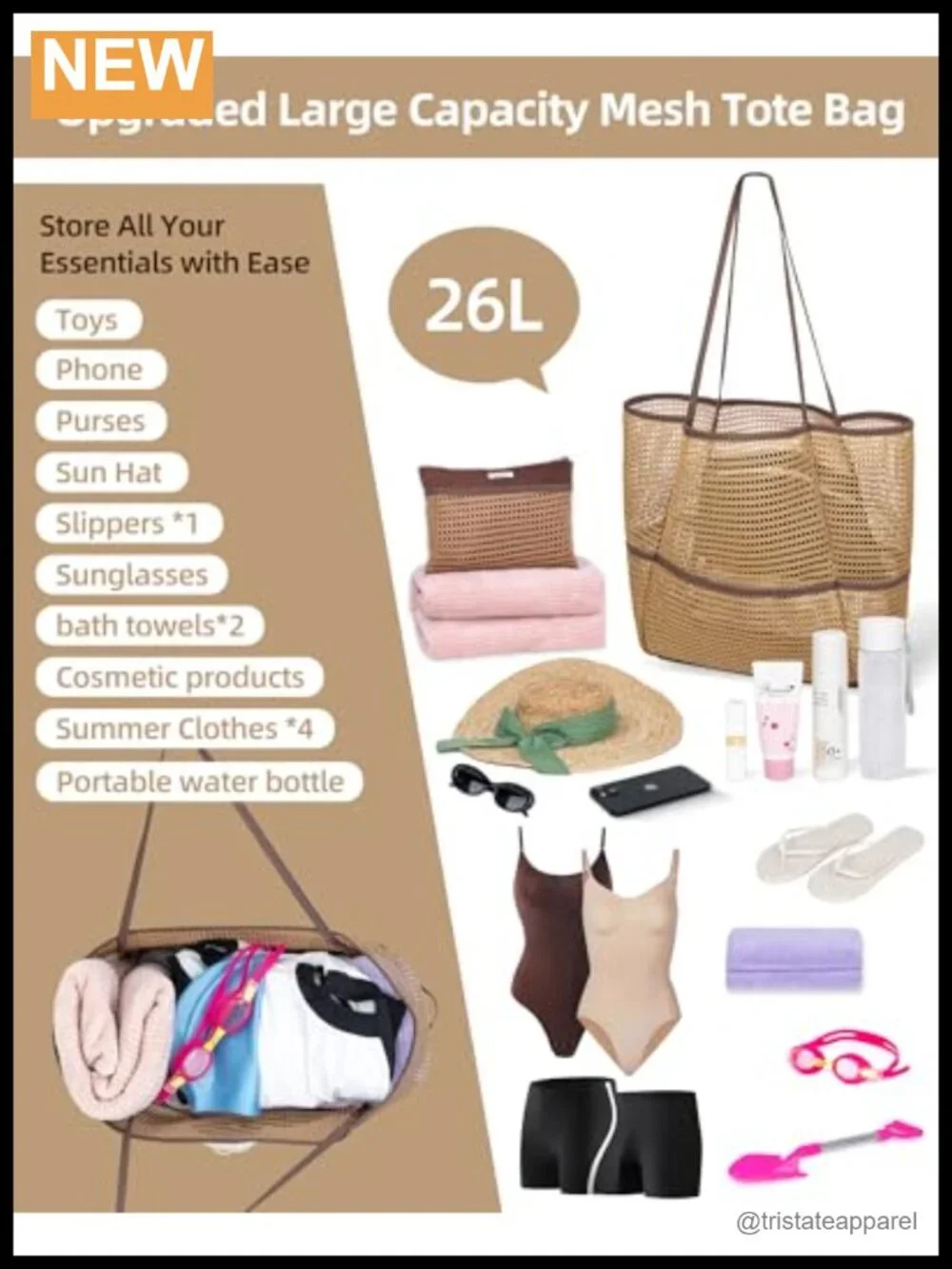 2-in-1 Packable Mesh Beach Tote with Multiple Pockets, Foldable Travel Bag